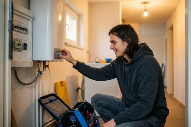 Muž nastavuje elektrický kotel v technické místnosti bytu, vedle visí otevřený rozvaděč s jističi.