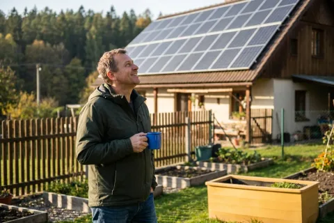 Muž na zahradě rodinného domu se dívá na fotovoltaické panely na střeše a drží hrnek s kávou.