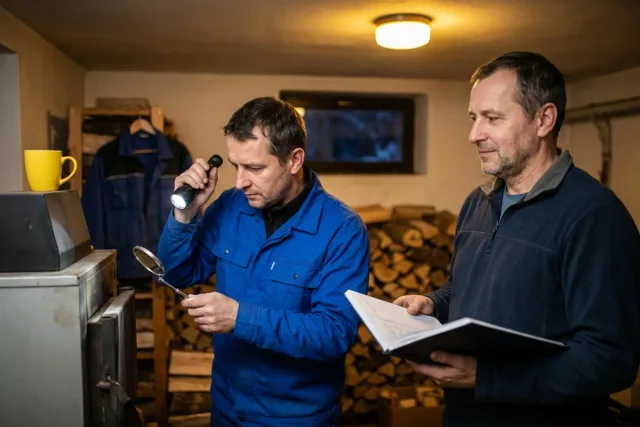 Kominík kontroluje spalinovou cestu kotle na tuhá paliva v kotelně, majitel domu stojí vedle s deníkem kontrol.