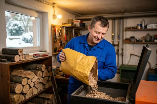 Muž sype pelety z pytle do zásobníku peletového kotle v kotelně vedle dřeva a briket.