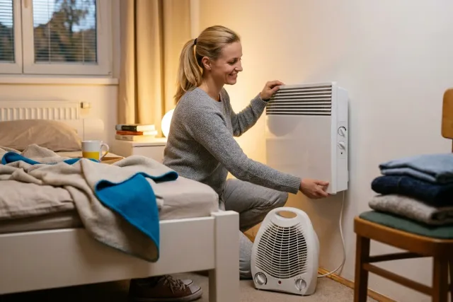 Žena nastavuje infrapanel na stěně ložnice, vedle na podlaze stojí elektrický přímotop.