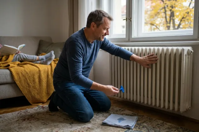 Muž zkouší teplotu radiátoru pod oknem a chystá se odvzdušňovacím klíčem upravit ventil.