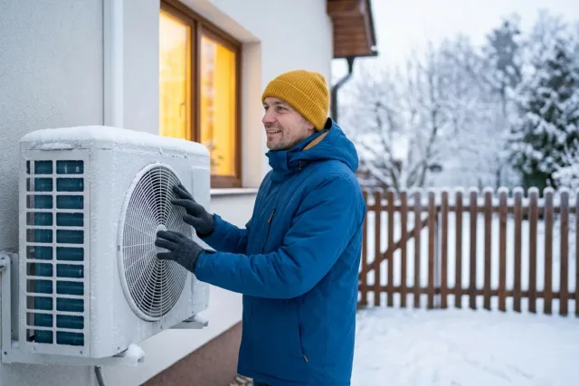 Muž v zimní bundě kontroluje zasněženou venkovní jednotku tepelného čerpadla u domu, v okně svítí teplé světlo.