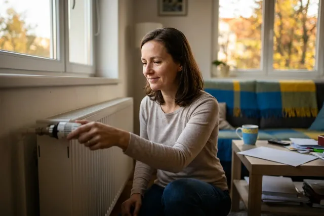 Žena otáčí termostatickou hlavicí s rozostřenou stupnicí na radiátoru v obývacím pokoji.